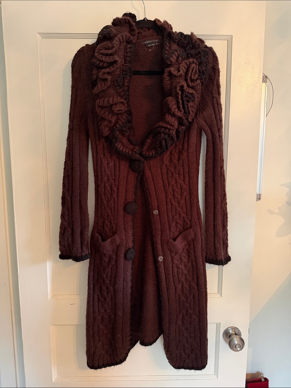 Vintage  Brown Cable Knit Ruffle Collar Long Cardigan Sweater
